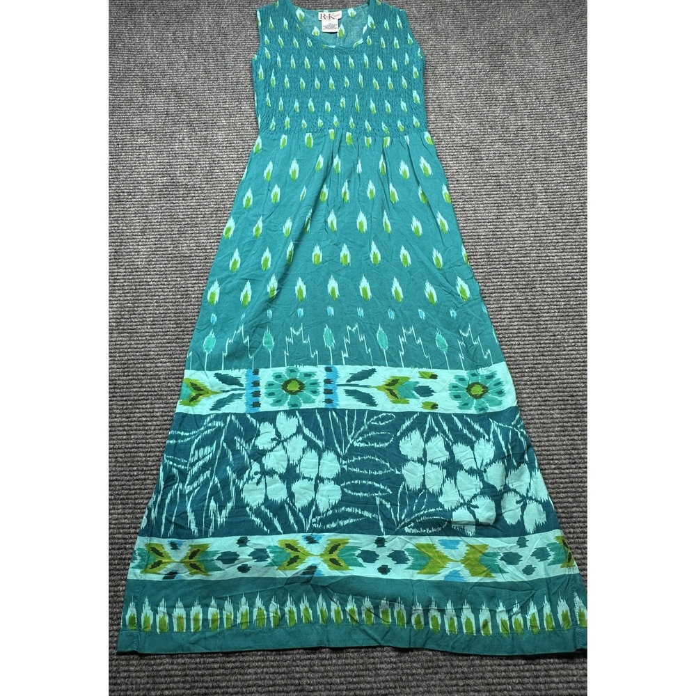 R&K Originals Maxi Dress Womens Petite 6P Teal Ikat Floral Smocked Tie Back